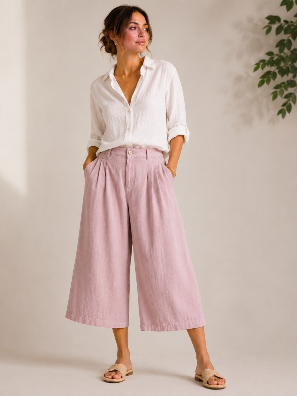 SIMON CHANG Linen Blend Wide Leg Pants Coastal Chic Blush Pink Size 12